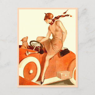 1920-talets kvinna, bil och hund vykort