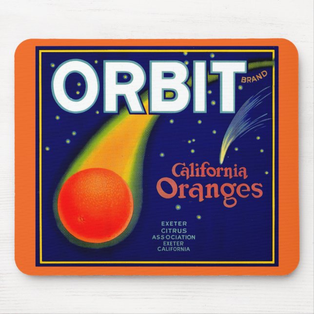 1920-talets Orbit Orange frukt, låda-etikett Musmatta (Framsidan)