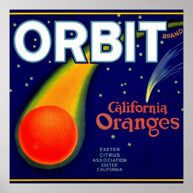 1920-talets Orbit Orange frukt, låda-etikett Poster (Framsidan)