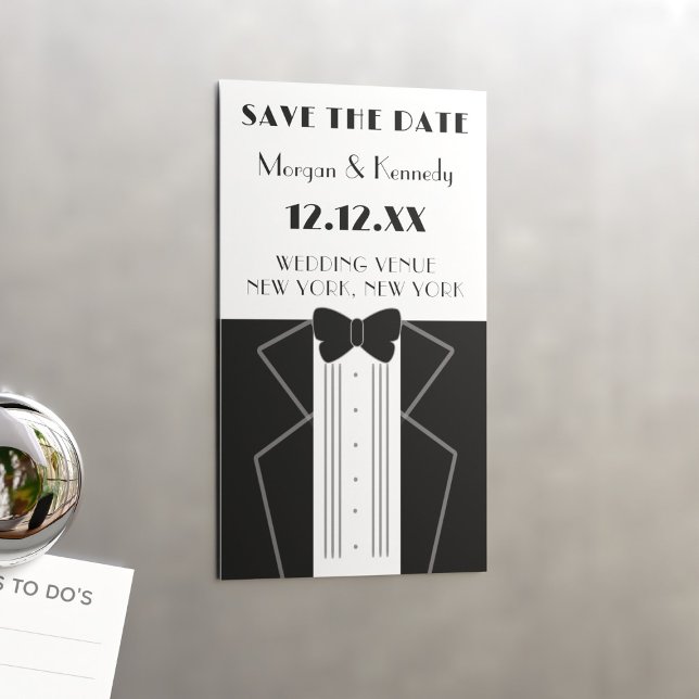 1920-talets Stil Tuxedo Bröllop spara datum Magnet (Perfect magnetic Save the Date for a 1920s themed wedding. Just add your details)