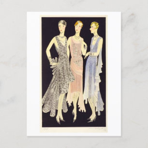 1920-talets Vintage Mode Sketch of Evening GOws Vykort