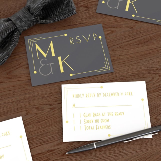 1920-tals Art Deco svart guld bröllop RSVP-kort Inbjudningar (A 1920s vibe with the RSVP and perfect for your Gatsby Wedding. Just add your details)