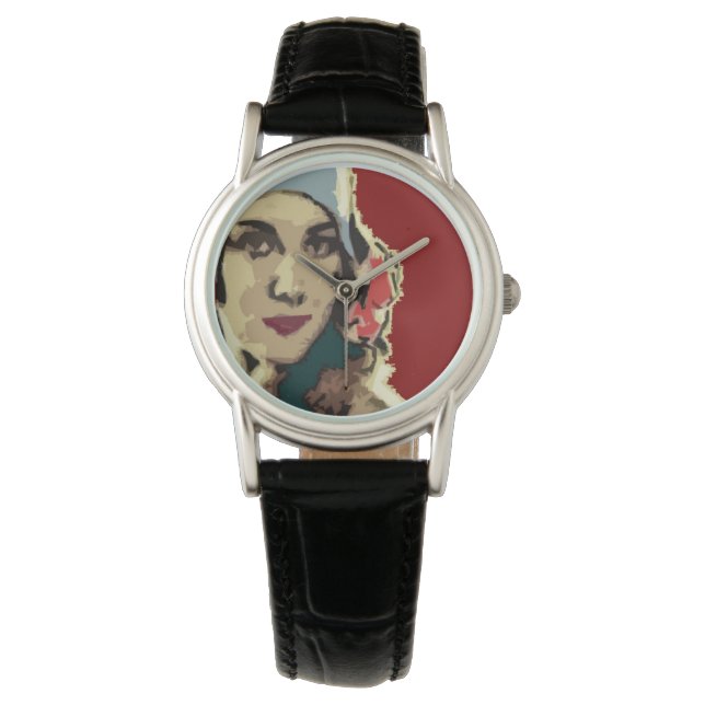 1920-tals dam i blå hatt Pop Art Armbandsur (Framsida)