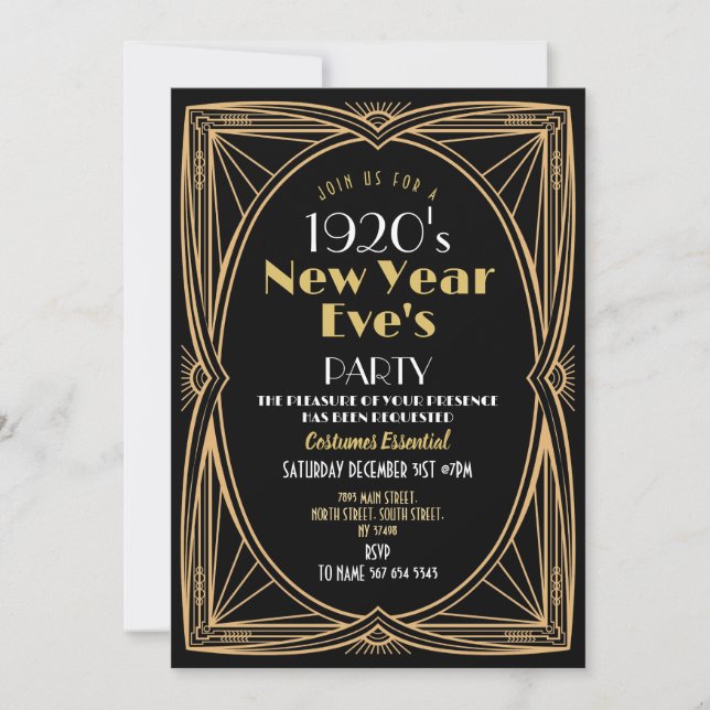 1920s New Year Party Art Deco Black Gold Inbjudningar (Framsida)