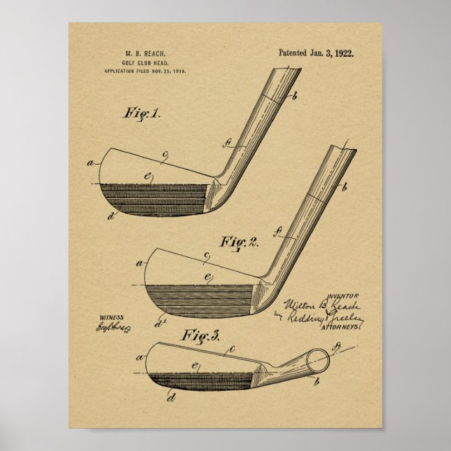 1922 Golf Klubb Head Design Patent Art Skriv ut Poster (Framsidan)