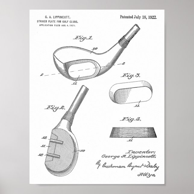 1922 Golf Klubb Head Design Patent Art Skriv ut Poster (Framsidan)