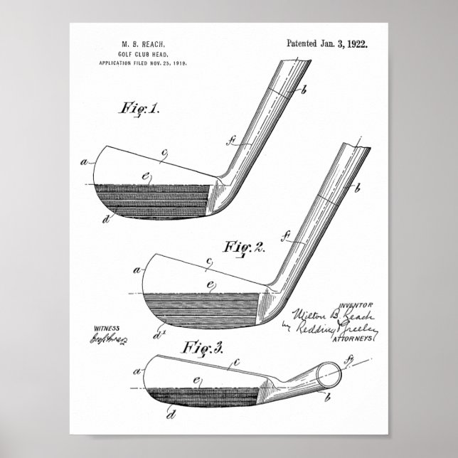 1922 Golf Klubb Head Design Patent Art Skriv ut Poster (Framsidan)