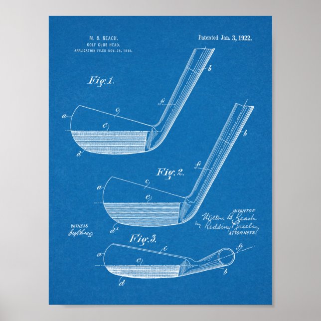 1922 Golf Klubb Head Design Patent Art Skriv ut Poster (Framsidan)