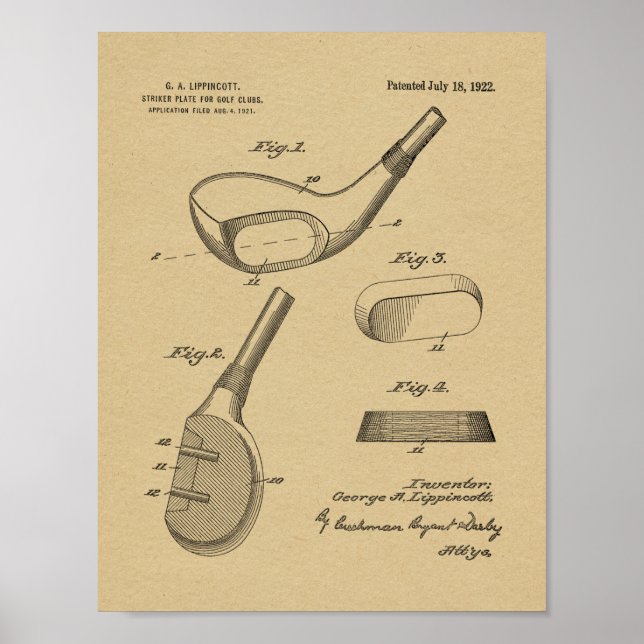 1922 Golf Klubb Head Design Patent Art Skriv ut Poster (Framsidan)