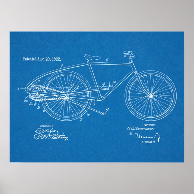 1922 Vintage Bicycle Patent Art-utskrift Poster (Framsidan)