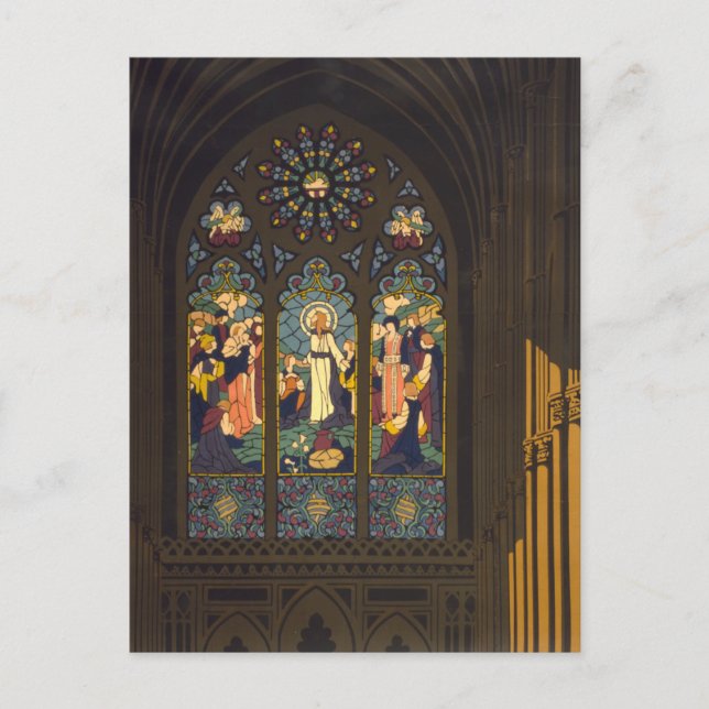 1923 Affisch av en kyrka med glasmålning. Vykort (Framsida)