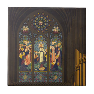 1923 Poster om en kyrka med fastsatt glasfönster. Kakelplatta