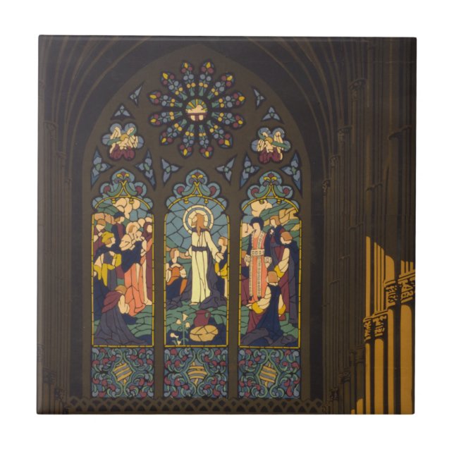 1923 Poster om en kyrka med fastsatt glasfönster. Kakelplatta (Framsidan)