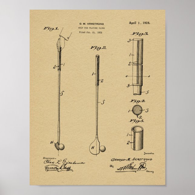 1924 Golf Klubb Grip Patent Art Teckning Skriv ut Poster (Framsidan)