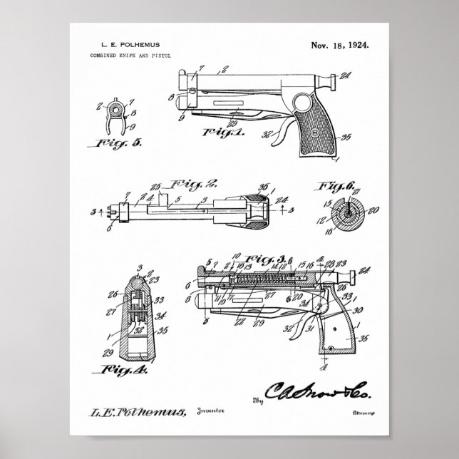 1924 Knivar Gun Patent Art Teckning Print Poster (Framsidan)