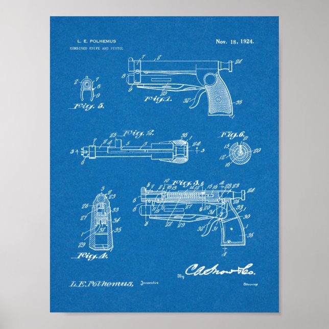 1924 Knivar Gun Patent Art Teckning Print Poster (Framsidan)
