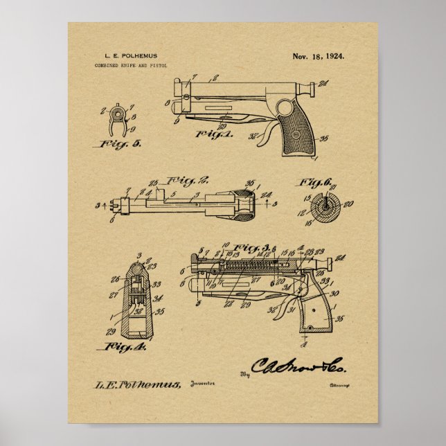 1924 Knivar Gun Patent Art Teckning Print Poster (Framsidan)