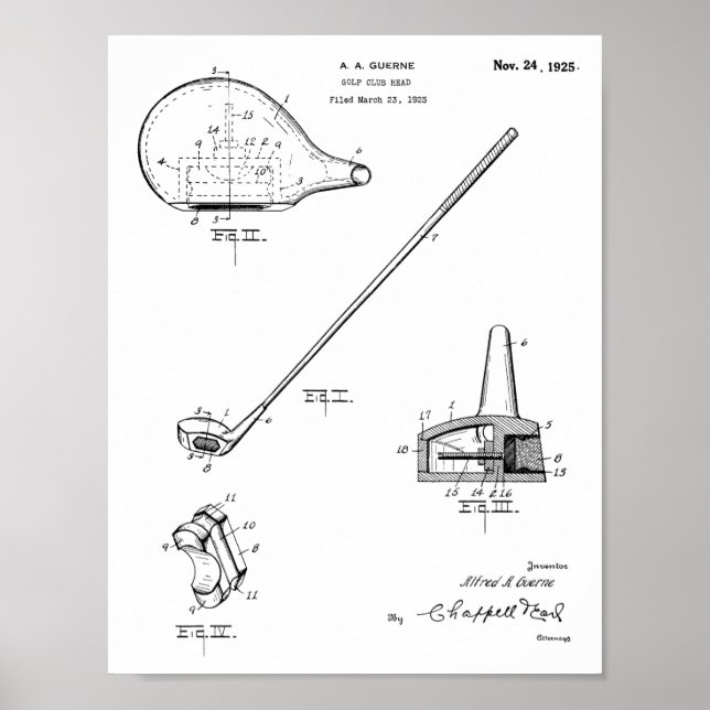 1925 Golf Klubb Patent Art Teckning Skriv ut Poster (Framsidan)