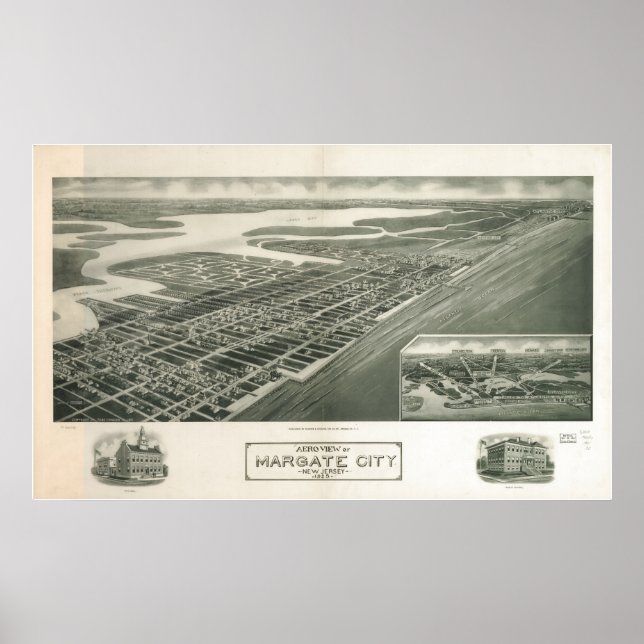 1925 Margate City, NJ Birds Öga View Panoramic Kar Poster (Framsidan)