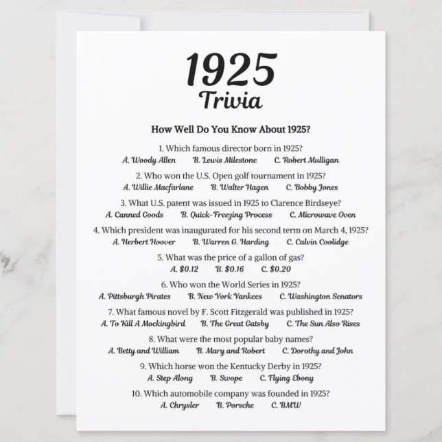 1925 Trivia-spel | 100:e Födelsedagsfestens spel (Framsida)