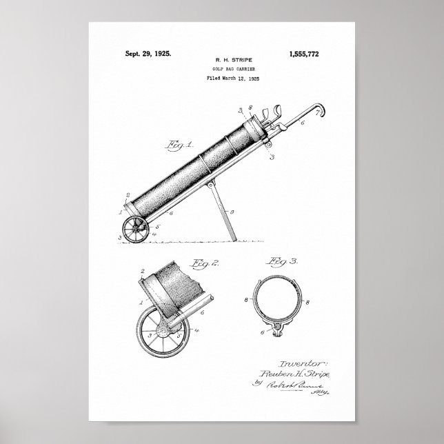 1925-Vintages Golf Bag Patent Art-utskrift Poster (Framsidan)