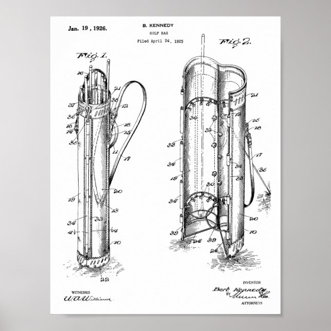 1926 Golf Klubb Caddy Bag Design Patent Art Print Poster (Framsidan)