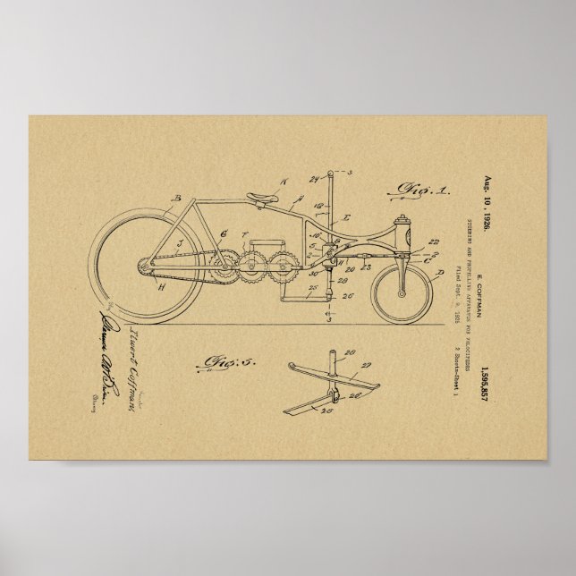 1926 Vintage Bicycle Velocipede Patent Art Print Poster (Framsidan)