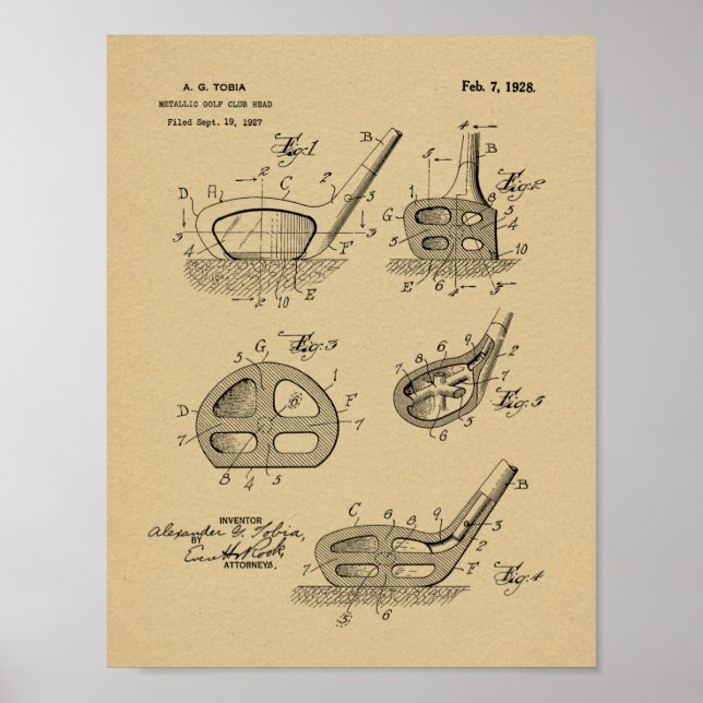 1928 Golf Klubb Head Design Patent Art Print Poster (Framsidan)