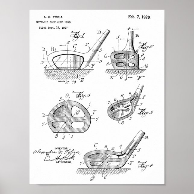1928 Golf Klubb Head Design Patent Art Print Poster (Framsidan)