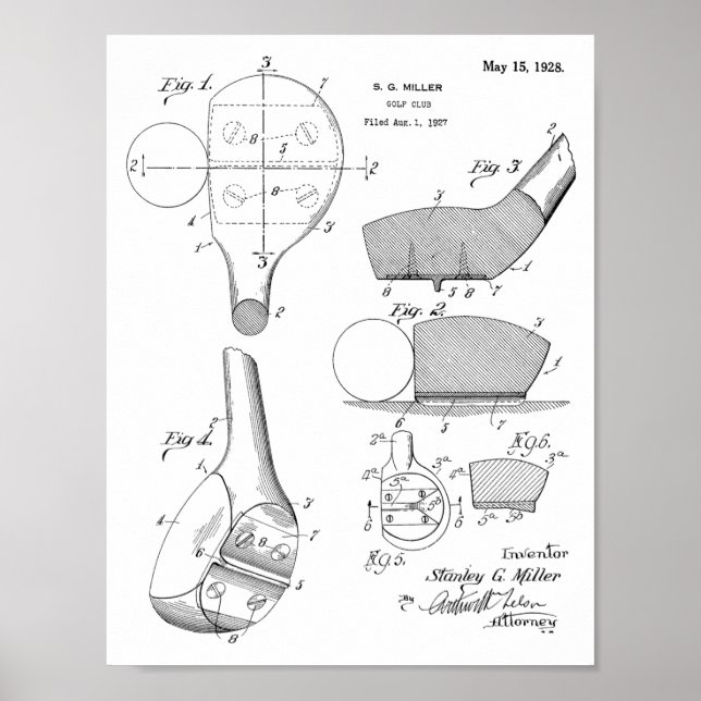 1928 Golf Klubb Head Patent Art Teckning Print Poster (Framsidan)