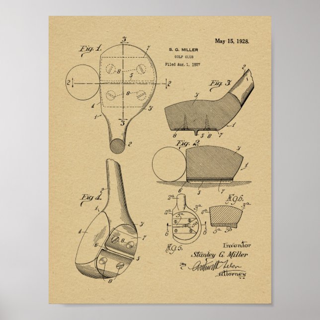 1928 Golf Klubb Head Patent Art Teckning Print Poster (Framsidan)