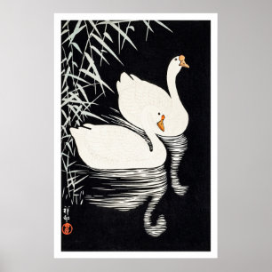 1928 Ohara Koson Vita kinesiska gäss som simmar Poster
