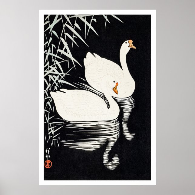 1928 Ohara Koson White Chinese Geese Swimming  Poster (Framsidan)