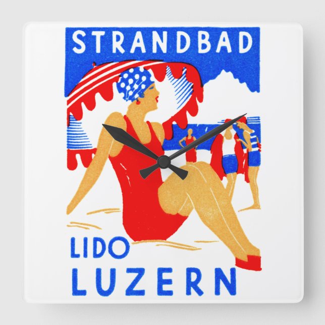 1929 Art Deco Strandbad Lido Luzern Fyrkantig Klocka (Framsida)