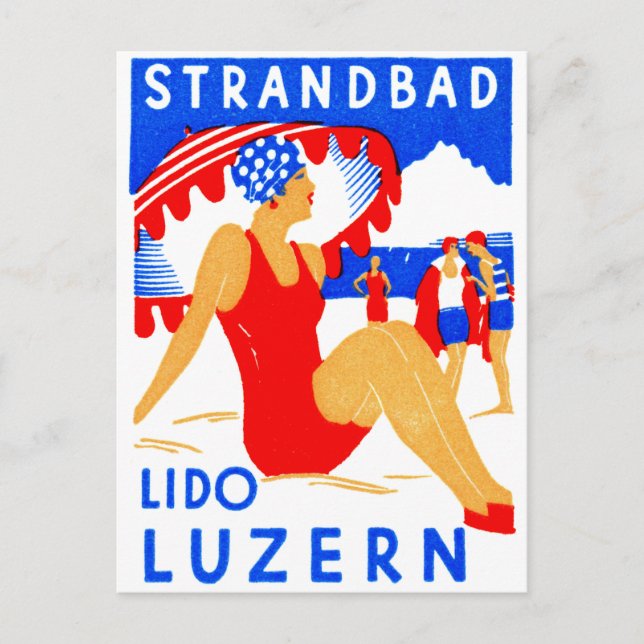 1929 Art Deco Strandbad Lido Luzern Vykort (Framsida)