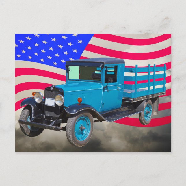 1929 Chevy 1 Ton Lastbil och American Flagga Vykort (Framsida)