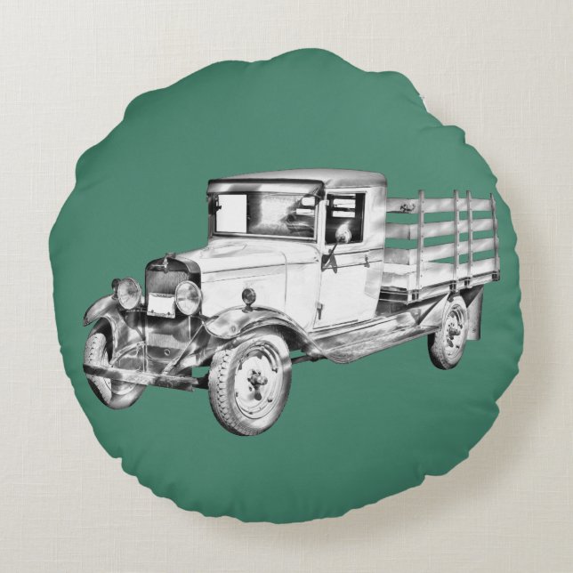 1929 Chevy Lastbil 1 Ton Stake Kaross Illustration Rund Kudde (Baksidan)