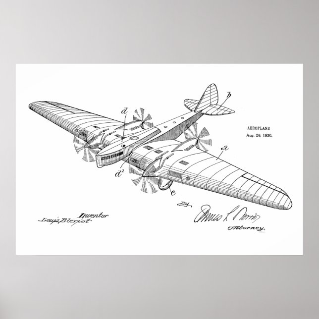 1930 Boat Airplan Patent Art Teckning Skriv ut Poster (Framsidan)