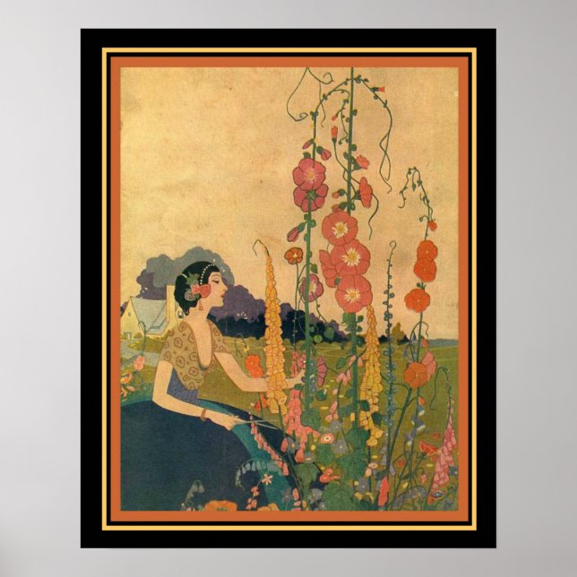 1930 Deco Skriv ut "Girl in a Blomsterträdgård" 16 Poster (Framsidan)