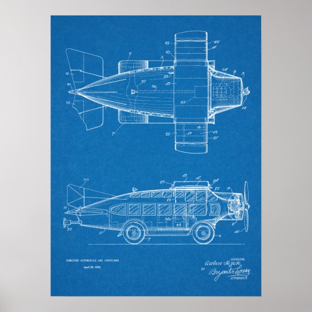1930 Flygplansflyg Patent Art Teckning Skriv ut Poster (Framsidan)