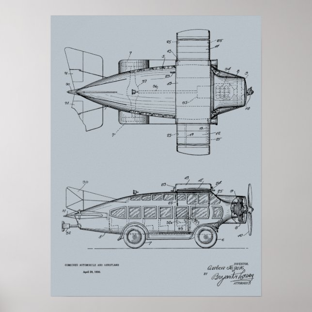 1930 Flygplansflyg Patent Art Teckning Skriv ut Poster (Framsidan)