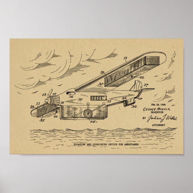 1930 Safety Airplane Patent Art Teckning Print Poster (Framsidan)
