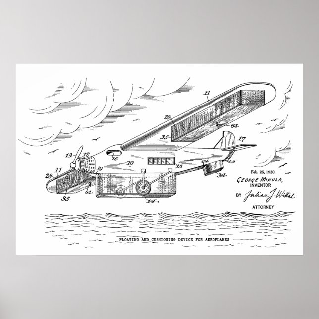 1930 Safety Airplane Patent Art Teckning Print Poster (Framsidan)