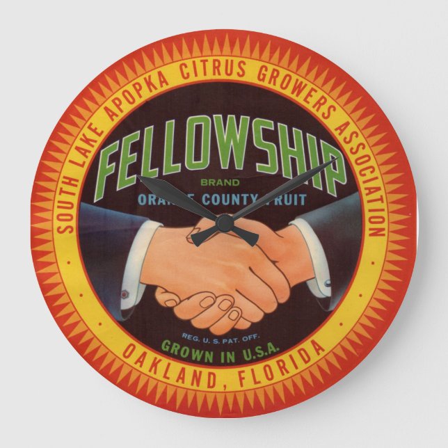1930-talet: Citrus-etikett för Fellowship Orange C Stor Klocka (Framsida)