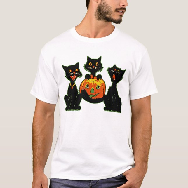 1930-talet Halloween Svarta katter med Jack O'Lant Tee Shirt (Framsida)