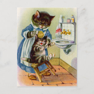 1930-talet tvättar mamma hennes kattunge vykort