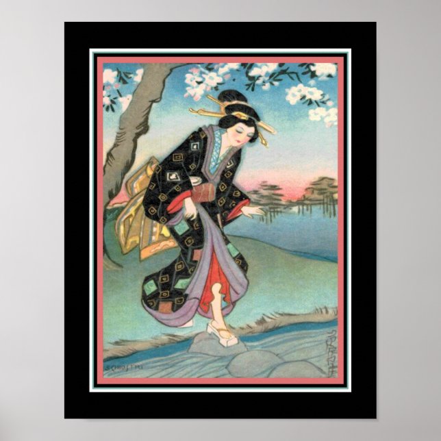 1930-talets Art Deco "Geisha Crossing a Stream" Poster (Framsidan)
