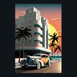 1930-talets Art Deco Miami Beach Ocean Drive sunse Poster<br><div class="desc">Airbrush-målning av en solnedgång i Miami Beach på 1930-talet med en snyggt Art Deco-hotell och en lyxgator som kör längs Ocean Drive. Det här är ytterligare 100 % originaldesign för Snughamster.</div>