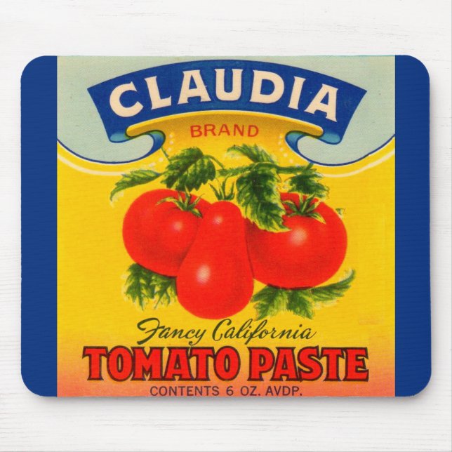 1930-talets Claudia tomato-pastaetikett Musmatta (Framsidan)