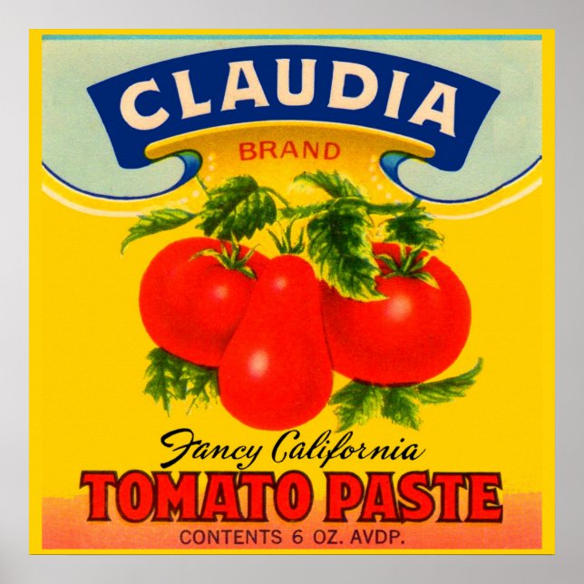 1930-talets Claudia tomato-pastaetikett Poster (Framsidan)